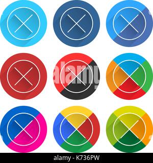 9 popular social network icon set with remove sign in circle with long diagonal shadow. Circle web button on white background. Stock Vector