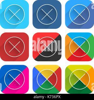 9 popular social network icon set with remove sign in circle with long diagonal shadow. Rounded square web button on white background. Stock Vector