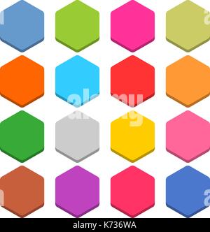 16 blank icon in flat style. Hexagon 3D button on white background. Blue, red, yellow, gray, green, pink, orange, brown, violet colors. Stock Vector