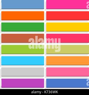 16 blank icon in flat style. Rounded rectangle 3D button with shadow on white background. Blue, red, yellow, green, pink, orange, brown, violet colors Stock Vector