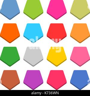 16 blank icon in flat style. Pentagon 3D button on white background. Blue, red, yellow, gray, green, pink, orange, brown, violet colors. Stock Vector
