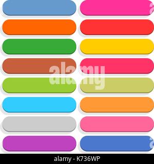 16 blank icon rounded rectangle 3D button with shadow on white background in flat style. Blue, red, yellow, green, pink, orange, brown, violet colors. Stock Vector