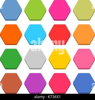 16 blank icon in flat style. Sexangle 3D button on white background. Blue, red, yellow, gray, green, pink, orange, brown, violet colors. Stock Vector