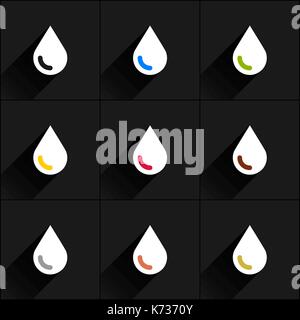 9 drop set milk, water, eco, oil, blood, chocolate, silver, copper, gold in flat simple style. White, blue, green, yellow crimson brown gray colors Stock Vector