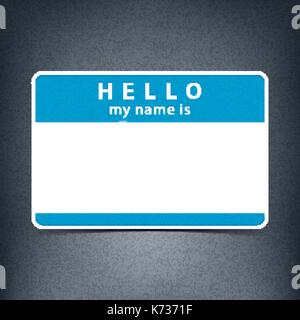 Blue blank name tag sticker HELLO my name is. Rounded rectangular badge with gray drop shadow on dark black background. Vector illustration clip-art e Stock Vector