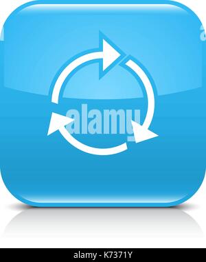 Blue icon with white arrow repeat, reload, refresh, rotation sign. Set 01. Rounded square button with gray reflection, black shadow on white backgroun Stock Vector