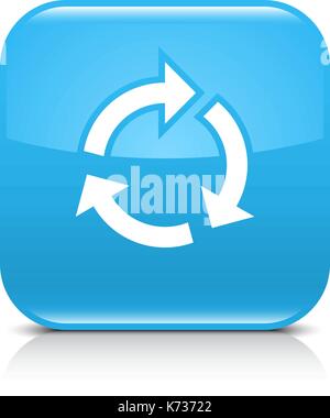 Blue icon with white arrow repeat, reload, refresh, rotation sign. Set 02. Rounded square button with gray reflection, black shadow on white backgroun Stock Vector