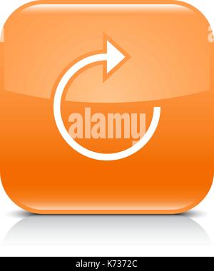 Orange icon with white arrow repeat, reload, refresh, rotation sign. Set 05. Rounded square button with gray reflection, black shadow on white backgro Stock Vector
