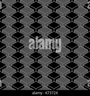 Seamless pattern with 3-D effect cubes in perspective. Retro vintage abstract black and white background. Graphic vector illustration clip-art Stock Vector