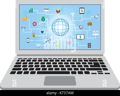 22 Fintech Icons Around A Globe With Blue Background And Multiple Currencies In A Laptop Screen Involving In Financial Technology. Stock Vector