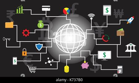 22 Fintech Icons Around A Shining Line Globe With Black Background And Multiple Currencies Involving In Financial Technology. Stock Vector