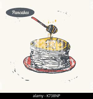 Hand drawn sketch. Pancakes with honey. Vector vintage illustration. Isolated object on light beige background. Menu design Stock Vector
