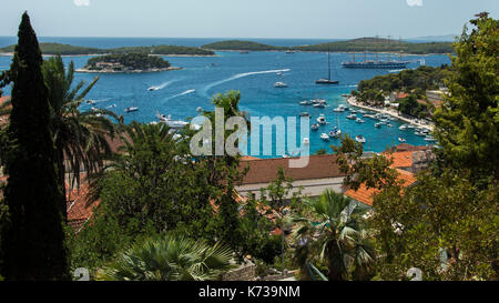 Hvar Town and View from Spanish Fortress (Fortica) and botanical garden.Palmizana and Pakleni islands in the mediterranean sea. Sailboats, cave, sea Stock Photo