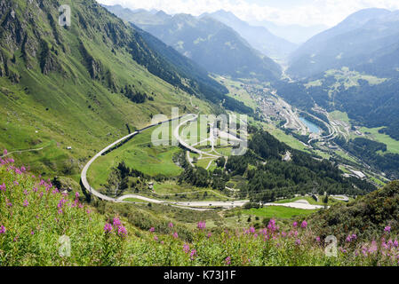 Tremola old road which leads to St. Gotthard pass on the Swiss alps Stock Photo