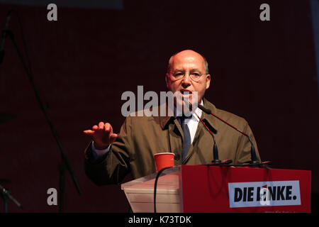 Munich, Germany. 13th Sep, 2017. Former opposition leader Gregor Gysi talked about many things in Munich during campaign. Credit: Alexander Pohl/Pacific Press/Alamy Live News Stock Photo