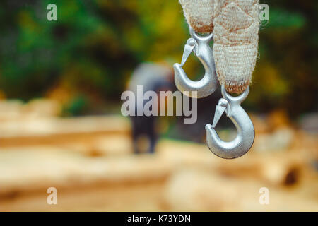 End of swinging rope hang on metal construction in a park. Rough rope end  in metal circles and safety snap hook Stock Photo - Alamy