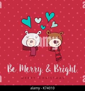 Merry Christmas hand drawn bear greeting card illustration. Cute animals in love cartoon with heart symbols and handwritten holiday typography quote.  Stock Vector