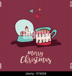 Merry Christmas hand drawn greeting card. Cute xmas snow globe and hot chocolate cup cartoon with holiday typography quote. EPS10 vector. Stock Vector