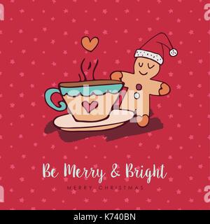 Merry Christmas red hand drawn winter food greeting card. Cute gingerbread man with hot cocoa mug and holiday typography quote. EPS10 vector. Stock Vector