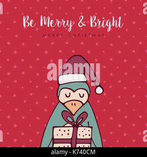 Merry Christmas hand drawn greeting card. Cute penguin cartoon with santa hat, text quote and red holiday background. EPS10 vector. Stock Vector