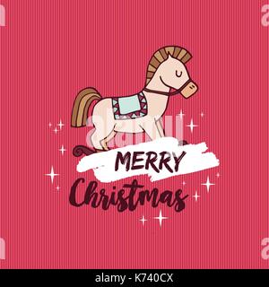 Merry Christmas red hand drawn greeting card. Cute rocking horse toy cartoon with handwritten holiday typography quote. EPS10 vector. Stock Vector