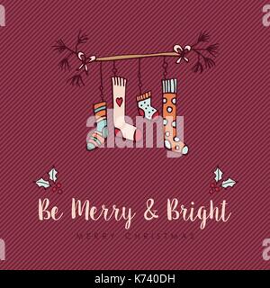 Merry Christmas  hand drawn decoration greeting card. Cute xmas socks cartoon with holiday typography quote. EPS10 vector. Stock Vector