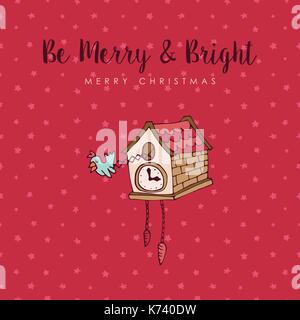 Merry Christmas  hand drawn decoration greeting card. Cute bird clock cartoon with holiday typography quote. EPS10 vector. Stock Vector