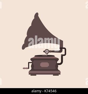 Brown vintage record player on the beige background. Elegant brass antique gramophone. Playing retro music on vinyl concept. Gramophone icon. Vector Stock Vector