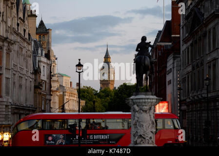 View down Whitehall, London, towards Big Ben Elizabeth Tower in the early evening approaching dusk. Space for copy