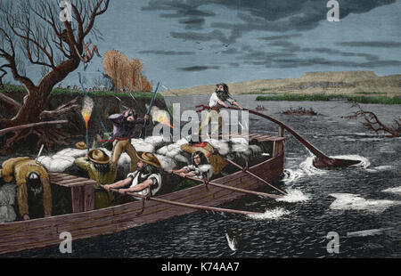 USA. Old West. Hunting buffalo. Traders on the Missouri River being attacked by Indians. Engravin, 1868. Color. Stock Photo