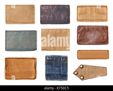 collection of various jeans labels on white background Stock Photo