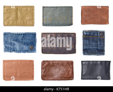 collection of various jeans labels on white background Stock Photo