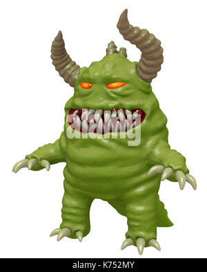 Funny cute monster with horns 3D render. Funny cartoon character. Stock Photo