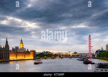 London skyline view with famous London eye, County Hall, Westminster Bridge, Big Ben and Houses of Parliament. Stock Photo