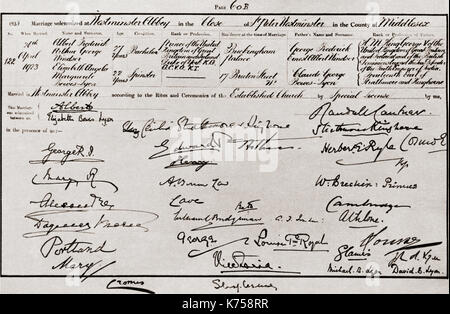 The marriage certificate of the Duke and Duchess of York, 1923, including amongst others the signatures of George V, Queen Alexandra, Mr. Bonar Law, Princess Victoria and Princess Louise.  Prince Albert, Duke of York, future George VI, 1895 – 1952.  King of the United Kingdom and the Dominions of the British Commonwealth.  Duchess of York, future Queen Elizabeth, The Queen Mother.  Elizabeth Angela Marguerite Bowes-Lyon, 1900 – 2002.  Wife of King George VI and mother of Queen Elizabeth II.From The Coronation Book of King George VI and Queen Elizabeth, published 1937. Stock Photo
