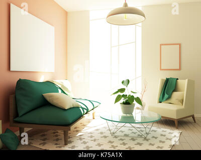 3d Interior illustration, modern room with sofa and hipster decoration, blank frame on walls Stock Photo