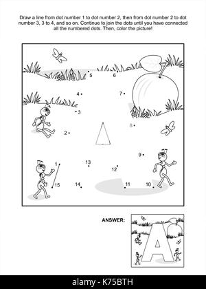 Educational connect the dots picture puzzle and coloring page - letter A, apple and ants. Answer included. Stock Vector