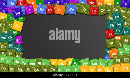 Colorful frame made with symbols of the Periodic Table of the Elements with the 4 new elements: Nihonium, Moscovium, Tennessine, Oganesson Stock Photo