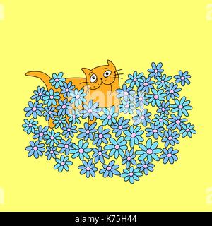 cat with a bouquet of flowers in heart shape. funny cartoon cool love character. yellow color background. vector illustration Stock Vector