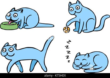 Blue pussycat emoticons set. Funny cartoon cool character. Contour digital drawing cute cats. White color background. Cheerful pet collection for web  Stock Vector