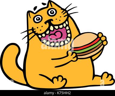 Cartoon orange cat is eating a hamburger. Funny cool character. Contour freehand digital drawing cute cat. White color background. Cheerful pet for we Stock Vector