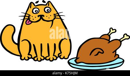 Orange cat sitting on the table and looking at the fried chicken. Funny cartoon cool character. Vector illustration. Stock Vector
