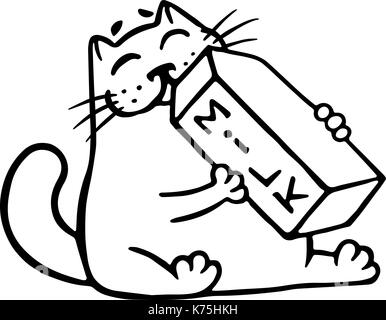 Cartoon cat is drinking milk. Funny cartoon cool character. Contour freehand digital drawing cute cat. White color background. Cheerful pet for web ic Stock Vector