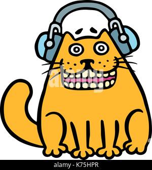 Cartoon cat with headphones listening to music. Cute music fan kitty ...