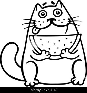 Thick cat with watermelon. Funny cartoon cool character. Isolated vector illustration. White color background. Funny cartoon character. Stock Vector
