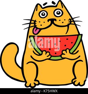 Cute fat cat eats watermelon. cat. Funny cartoon cool character. Contour freehand digital drawing. White color background. Isolated vector illustratio Stock Vector