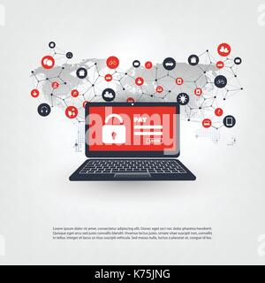 Network Vulnerability, Locked Device, Encrypted Files, Lost Documents, Ransomware Attack - Virus, Malware, Fraud, Spam, Phishing, Email Scam, Hacking Stock Vector