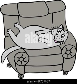 Cartoon lazy grey fat cat is lying on a armchair. Funny cool character. Vector illustration. Stock Vector