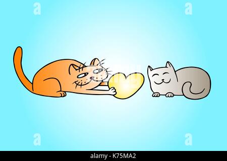 Cute love orange and grey colors cats on Valentine's day. Tomcat gives a big red heart pussycat on a date. Romantic mood. Gift heartily. Stock Vector