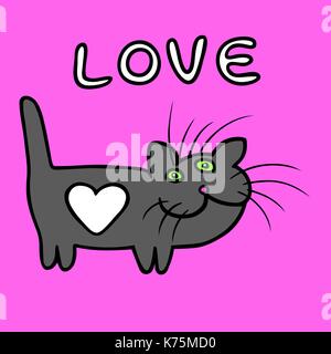 Black and white Colors Heart Cat on Valentine's Day. Talisman Brings Happiness and Luck. Romantic Mood. Contour Digital Freehand Outline Drawing. Lila Stock Vector